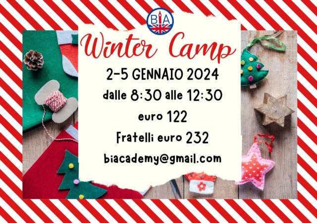 Last call! Ultimi giorni per prenotarsi e partecipare al nostro Winter camp! Creatività e giochi in English per bambini dai 4 agli 11 anni. Iscrizioni entro il 22.12 Per info: biacademy@gmail.com